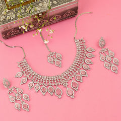Pastel Pink American Diamond Necklace With Earrings And Bindi - Rukhmani