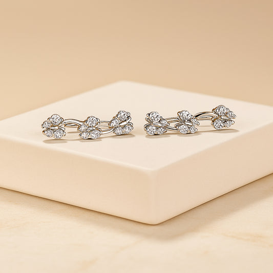 925 Sterling Silver Rhodium Plated Dainty Floral Ear Cuffs with Cubic Zirconia