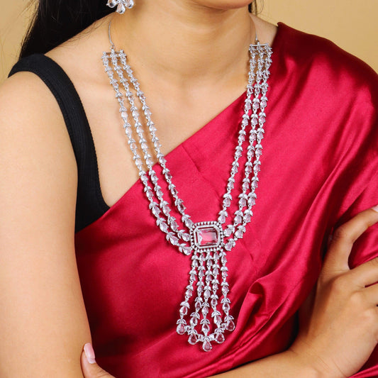 Dazzle Drape American Diamond Layered Necklace With Earrings and Bindi - Rukhmani