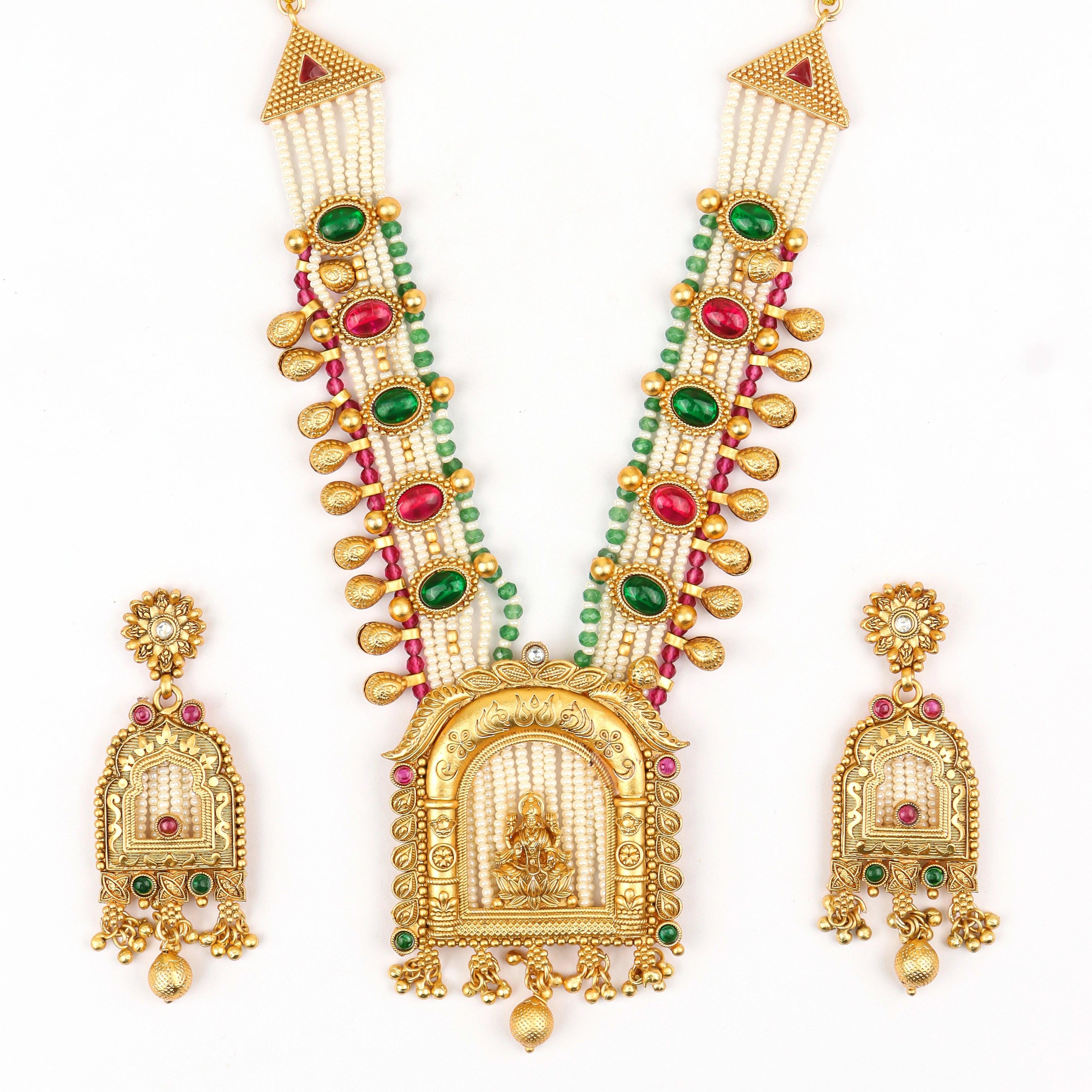 White Bids Gold Plated Necklace With Laxmimata Design - Rukhmani