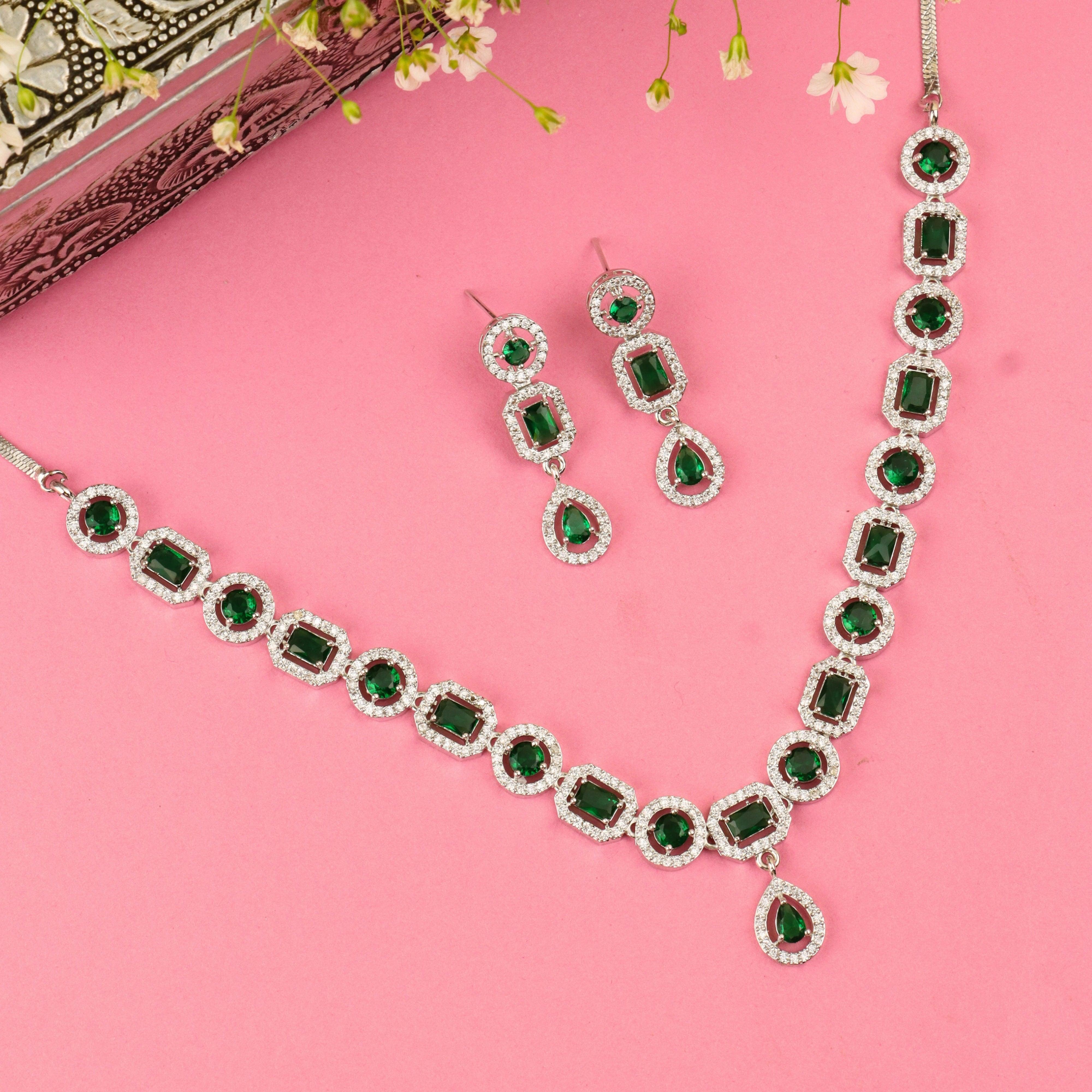 Green America Diamond Victorian Necklace Set With Earrings - Rukhmani