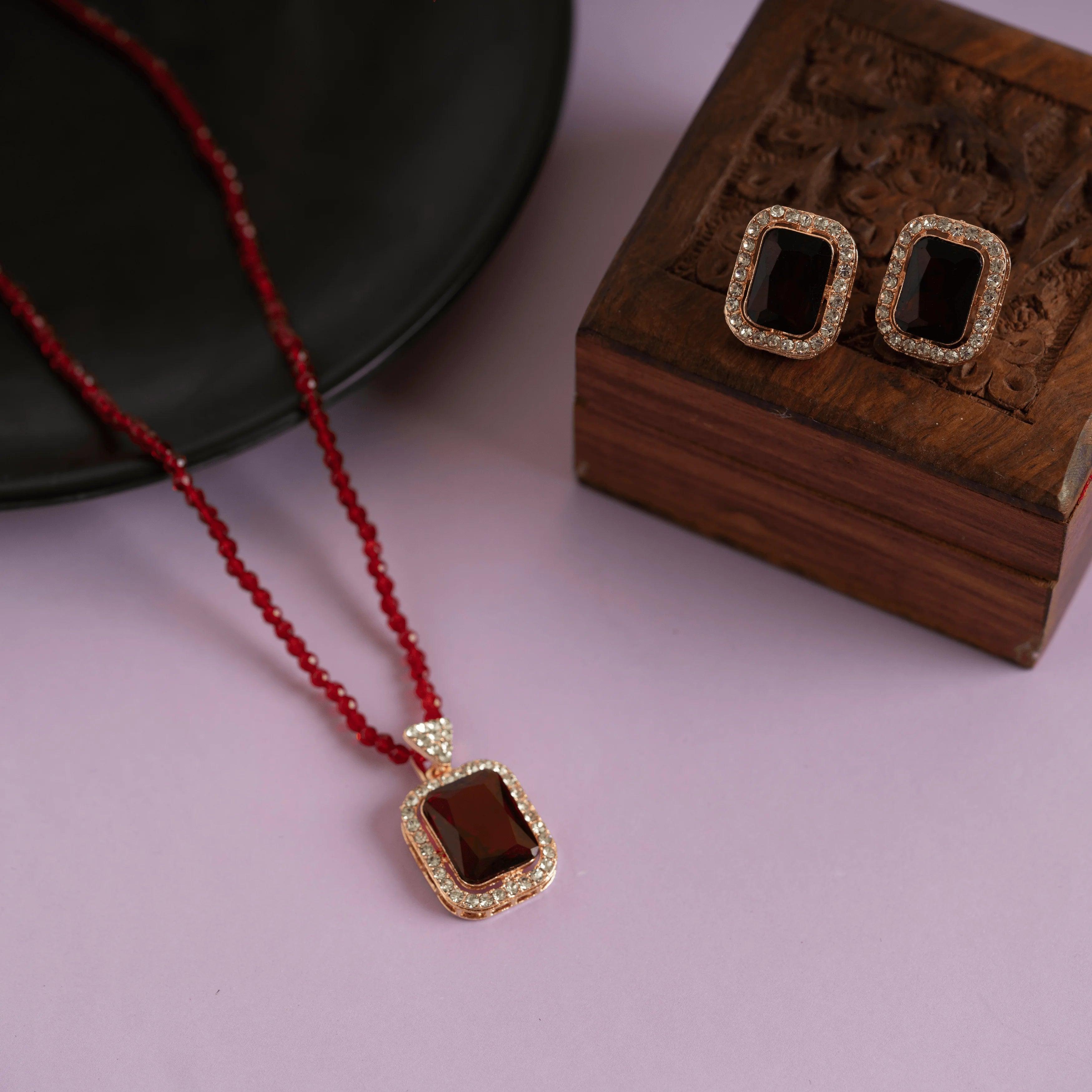 Maroon Diamond Pendant and Necklace Set with Earrings - Rukhmani