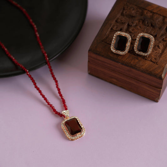 Maroon Diamond Pendant and Necklace Set with Earrings - Rukhmani