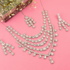 Layered Emeraled Clear Cut Necklace Set With Mangtika - Rukhmani