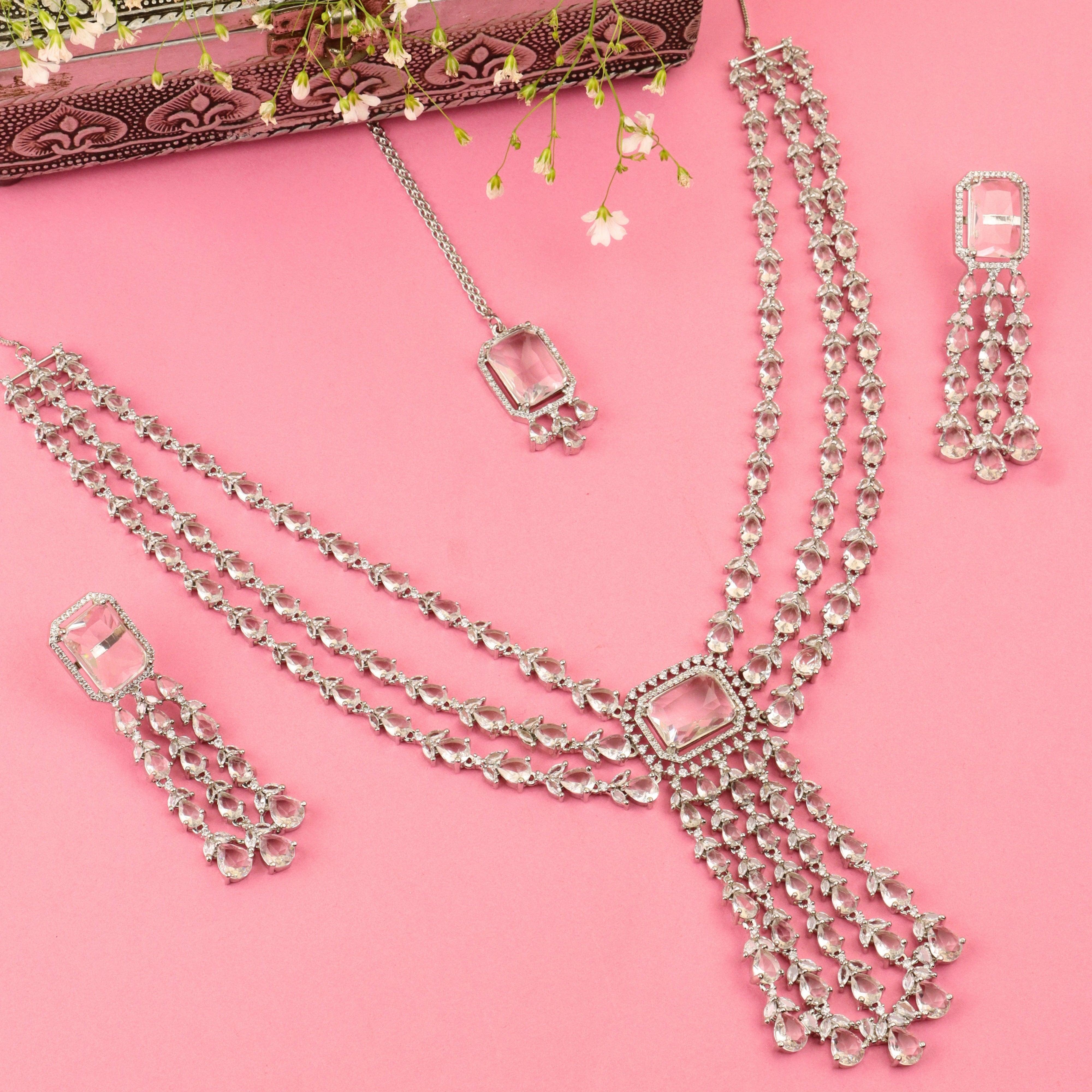 Dazzle Drape American Diamond Layered Necklace With Earrings and Bindi - Rukhmani