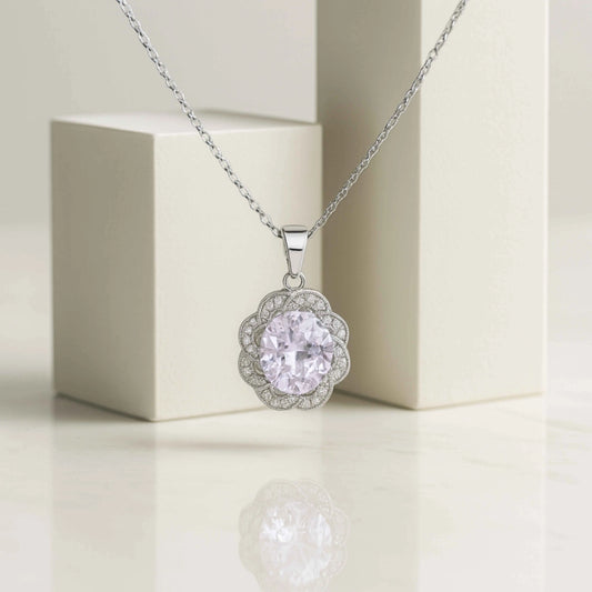 Oval White Stone Pendant with Scallop Design in 925 Sterling Silver