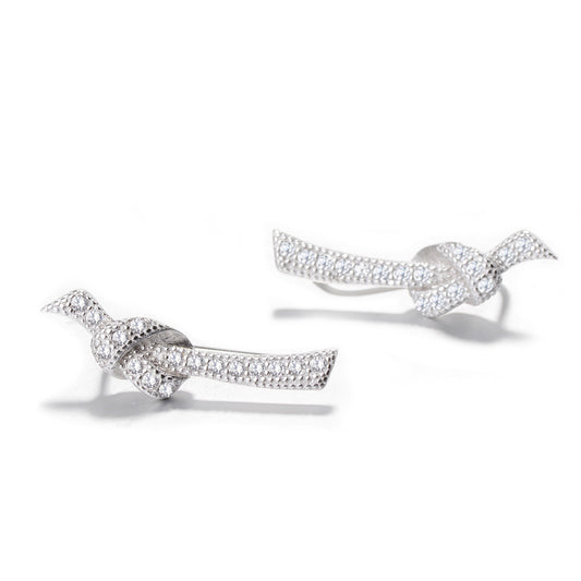 925 Sterling Silver Rhodium Plated Knot Design Ear Cuffs with Cubic Zirconia