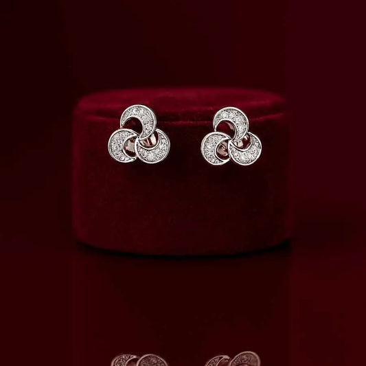 925 Sterling Silver Triple Crescent Stud Earrings|Rhodium Plated with Cubic Zirconia