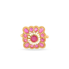 Beautiful Design Gold Plated Square Pink Stone Rajwadi Ring - Rukhmani