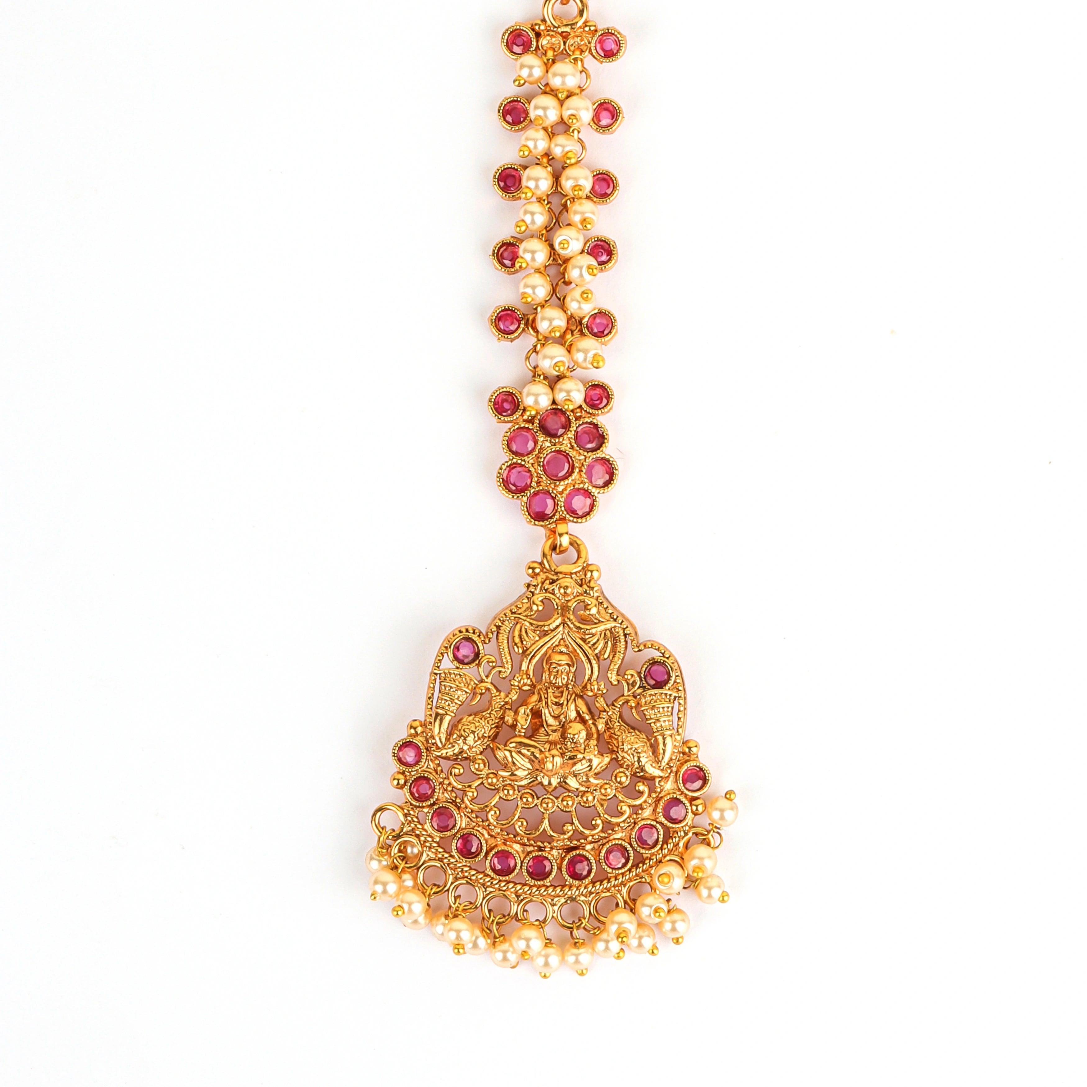 Gold Plated Divine Red Stone Kundan Rajwadi Mangtika - Rukhmani