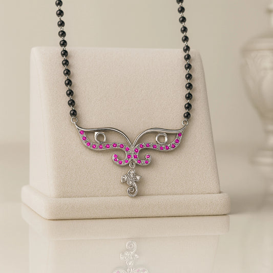 925 Sterling Silver Rhodium Plated Pink Cubic Zirconia Floral Drop Mangalsutra for Women