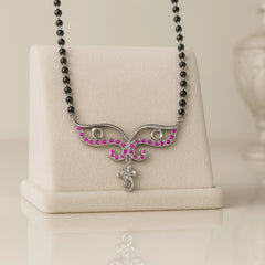 925 Sterling Silver Rhodium Plated Pink Cubic Zirconia Floral Drop Mangalsutra for Women