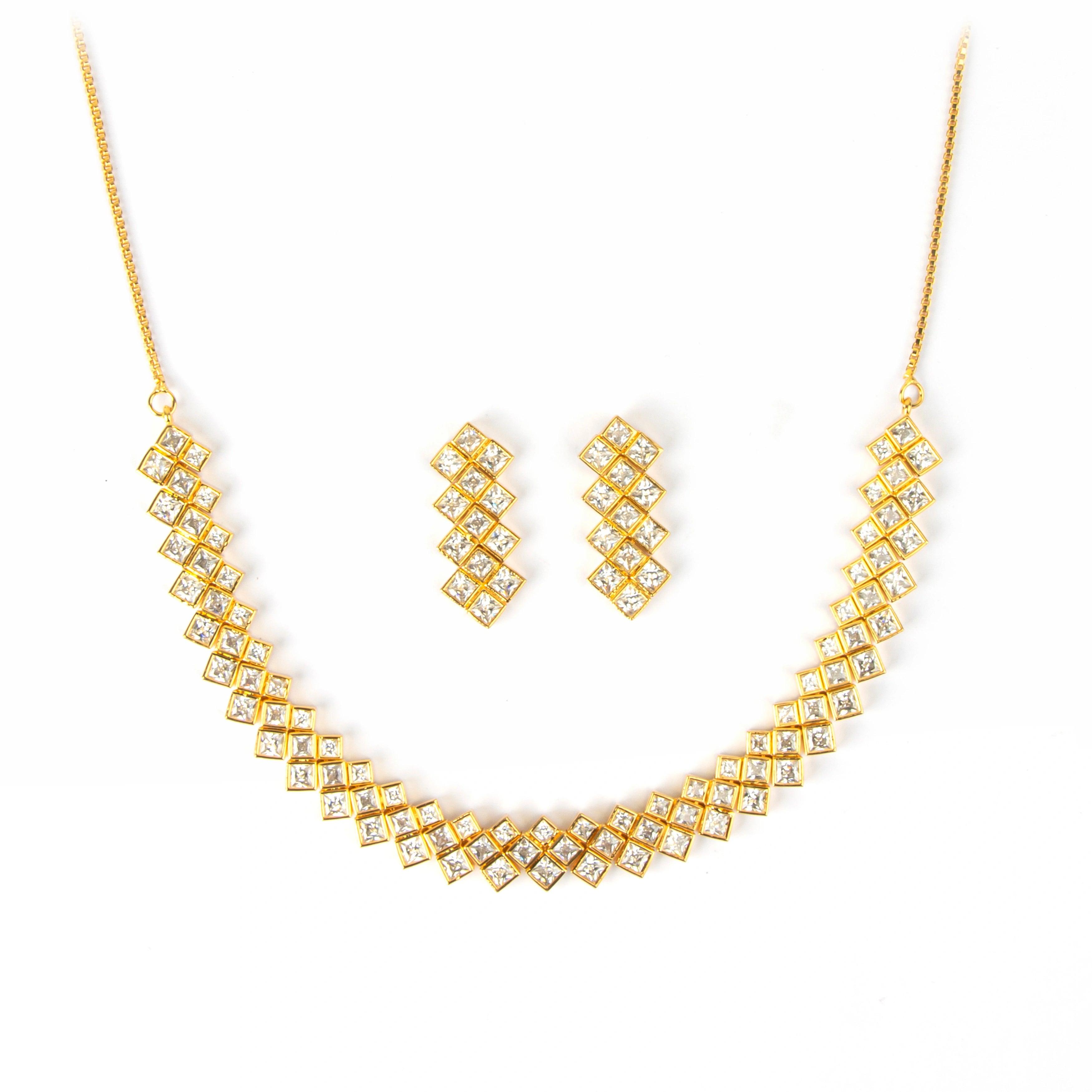 Modern Flow Diamond Gold Plated Necklace with Earrings - Rukhmani