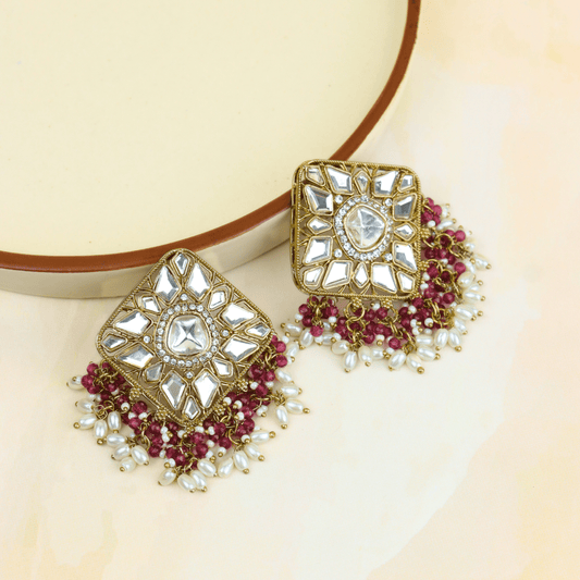 Trending Design Square Polki Beautiful Jhumkas With Hanging Maroon Beads - Rukhmani