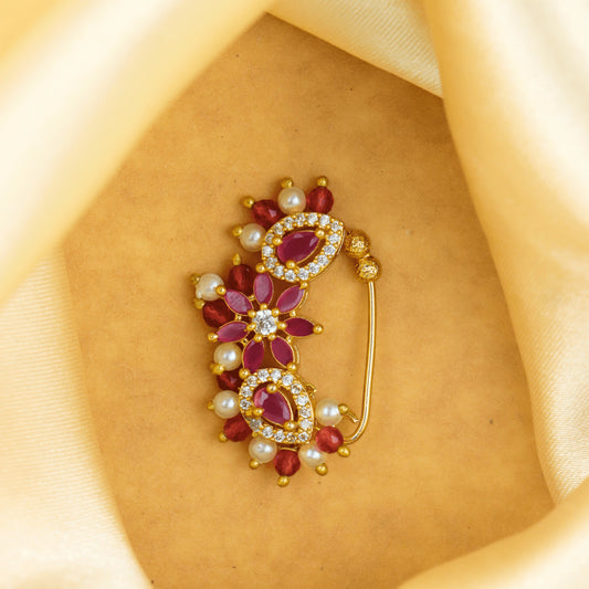 Majestic Red Stone Beautiful Design Gold Plated Maharashtrian Nath