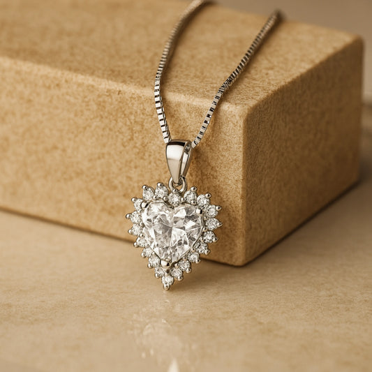 Heart-Cut CZ Halo Pendant in 925 Sterling Silver