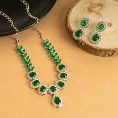Fancy Silver Plated Green American Diamond Necklace Set With Earrings