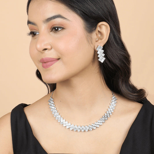 Silver Plated Modern Flow Diamond Necklace with Earrings - Rukhmani