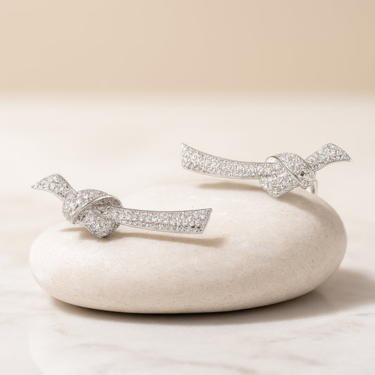 925 Sterling Silver Rhodium Plated Knot Design Ear Cuffs with Cubic Zirconia