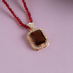 Maroon Diamond Pendant and Necklace Set with Earrings - Rukhmani