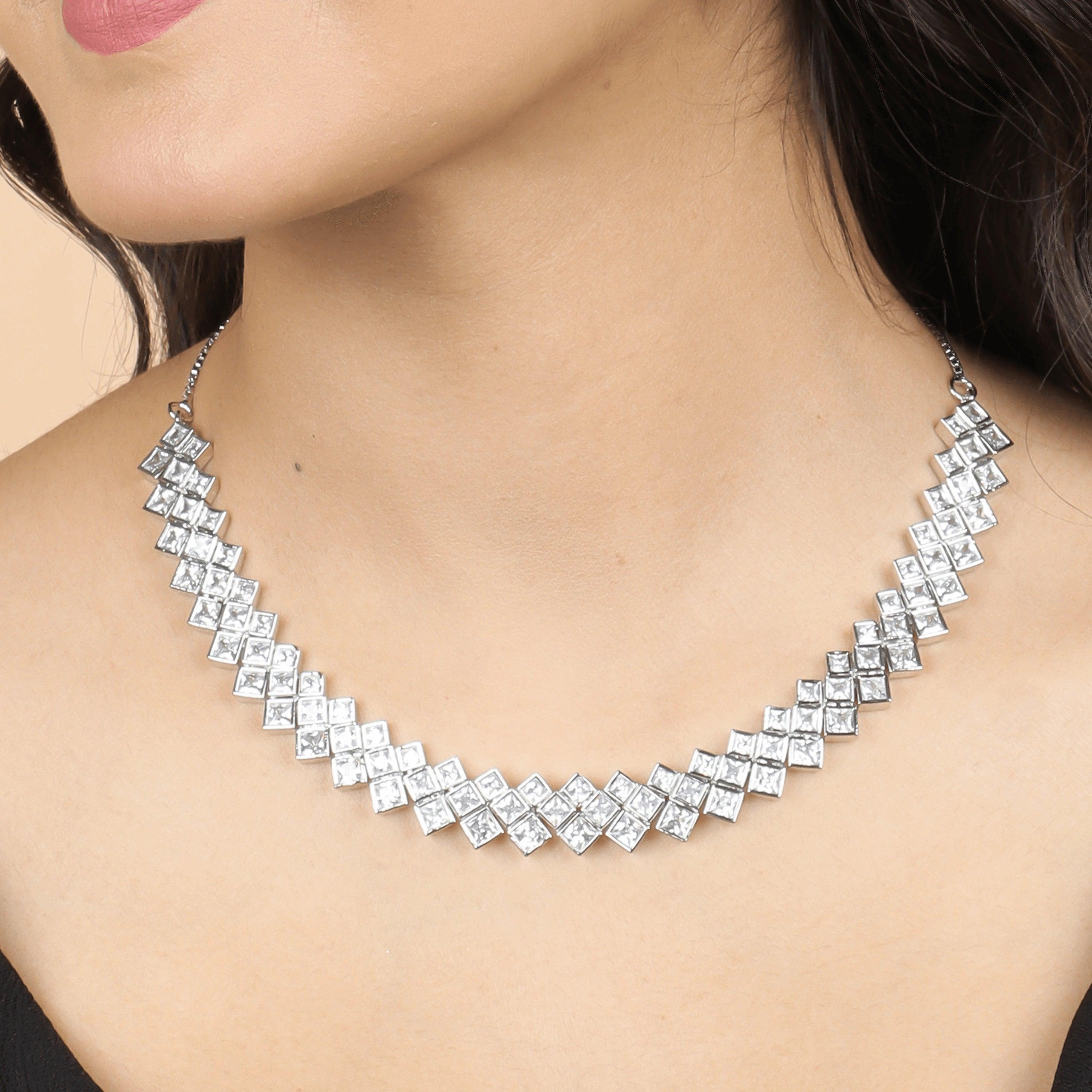 Silver Plated Modern Flow Diamond Necklace with Earrings - Rukhmani