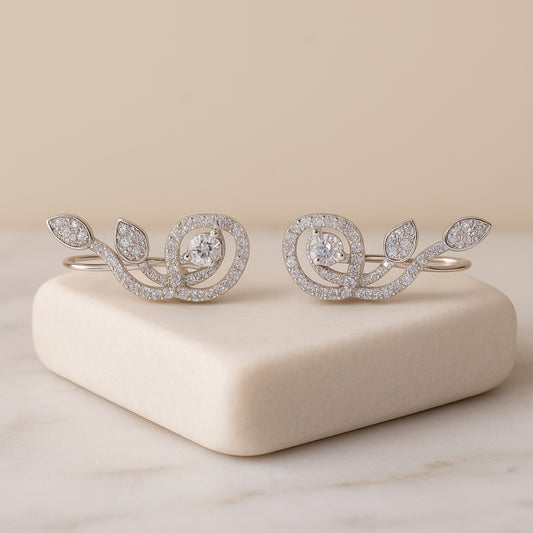 925 Sterling Silver Rhodium Plated Swirl Floral Ear Cuffs with Cubic Zirconia