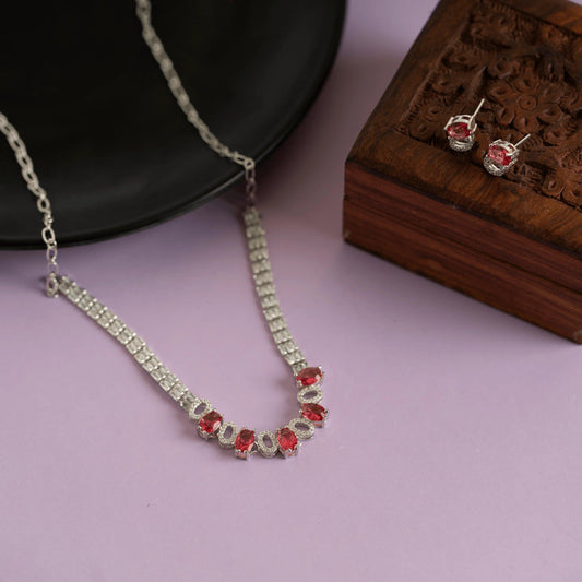 Fancy Red Diamond Gold Necklace Set with Earrings - Rukhmani