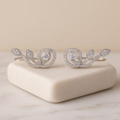 925 Sterling Silver Rhodium Plated Swirl Floral Ear Cuffs with Cubic Zirconia