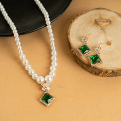 Green Diamond Pendant White Pearl Mala With Earrings