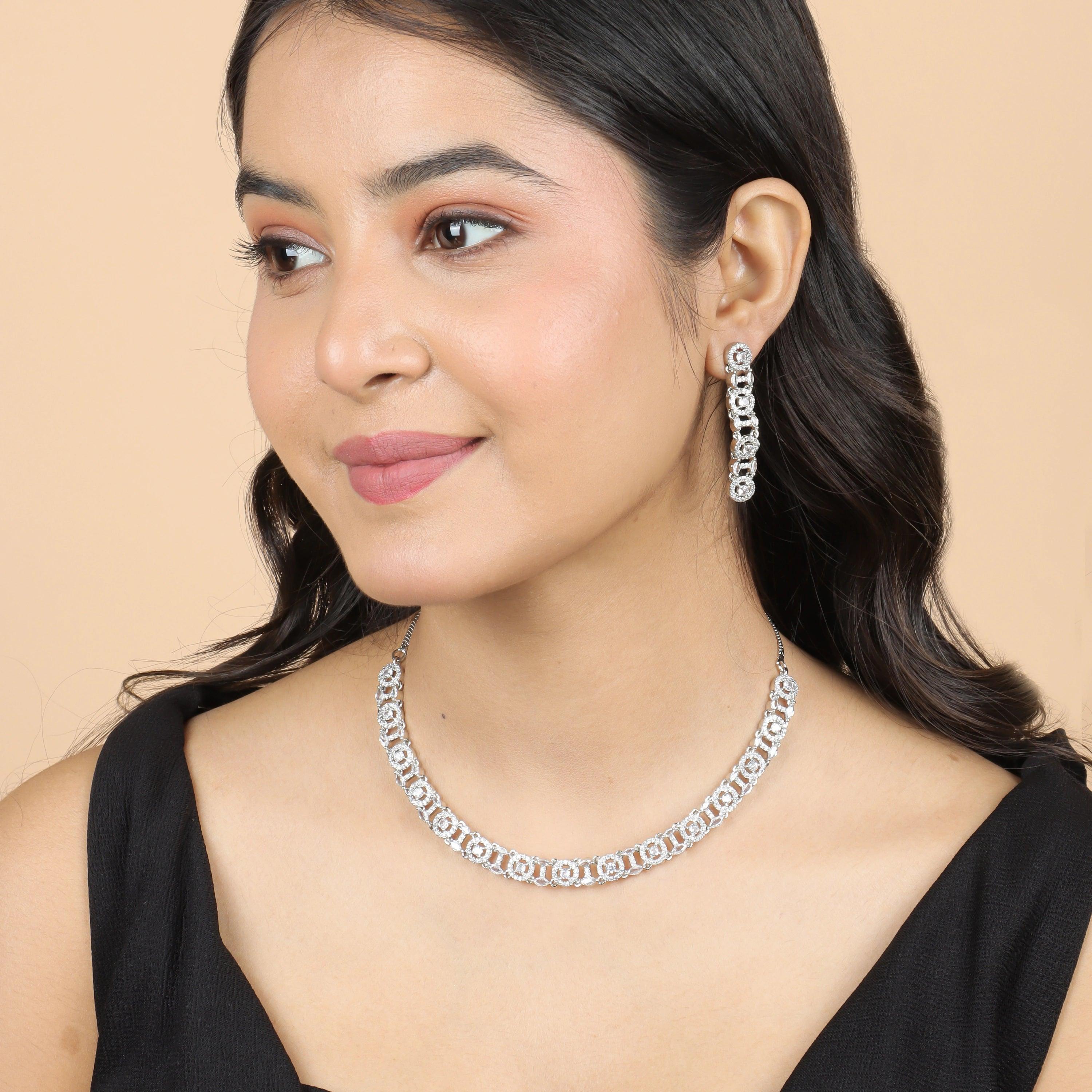 Luminous Round Diamond Necklace with Earrings - Rukhmani