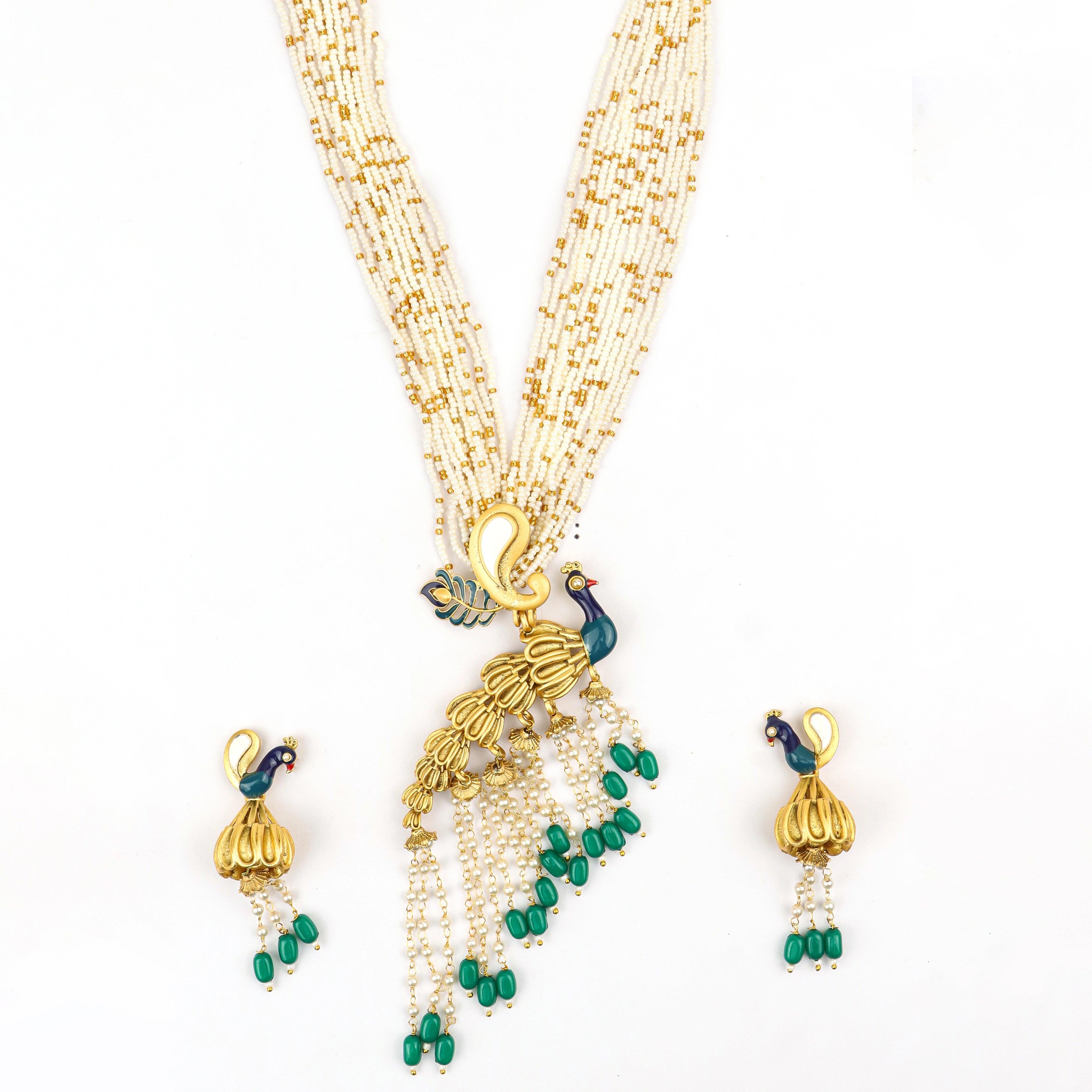 Graceful Peacock Necklace With Earrings - Rukhmani