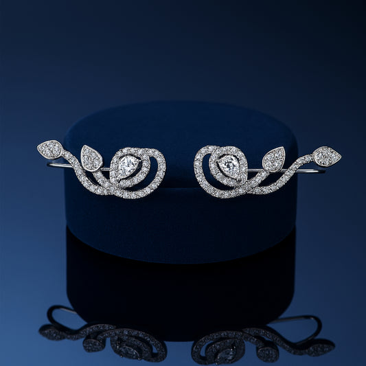 925 Sterling Silver Rhodium Plated Swirl Floral Ear Cuffs with Cubic Zirconia