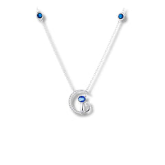 925 Sterling Silver Moon and Cat Necklace | Rhodium Plated with Blue Cubic Zirconia