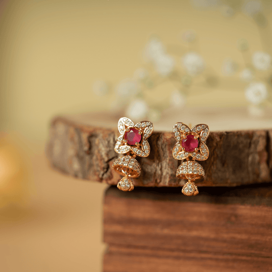 Gold Finish Zirconia and Dark Pink Stone Jhumki Earrings - Rukhmani