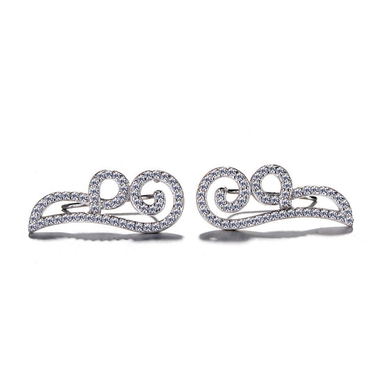 925 Sterling Silver Rhodium Plated Swirl Wave Ear Cuffs with Cubic Zirconia