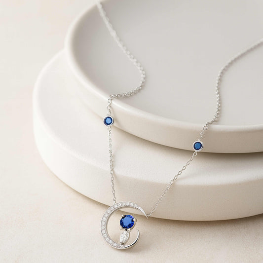 925 Sterling Silver Moon and Cat Necklace | Rhodium Plated with Blue Cubic Zirconia
