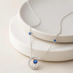 925 Sterling Silver Moon and Cat Necklace | Rhodium Plated with Blue Cubic Zirconia