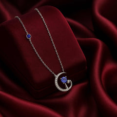 925 Sterling Silver Moon and Cat Necklace | Rhodium Plated with Blue Cubic Zirconia