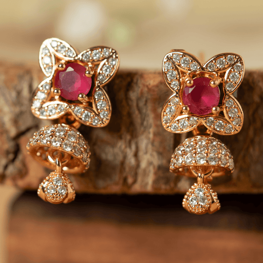 Gold Finish Zirconia and Dark Pink Stone Jhumki Earrings - Rukhmani