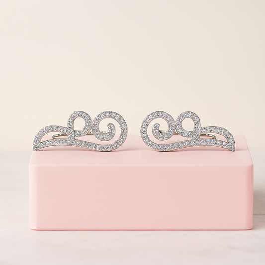 925 Sterling Silver Rhodium Plated Swirl Wave Ear Cuffs with Cubic Zirconia