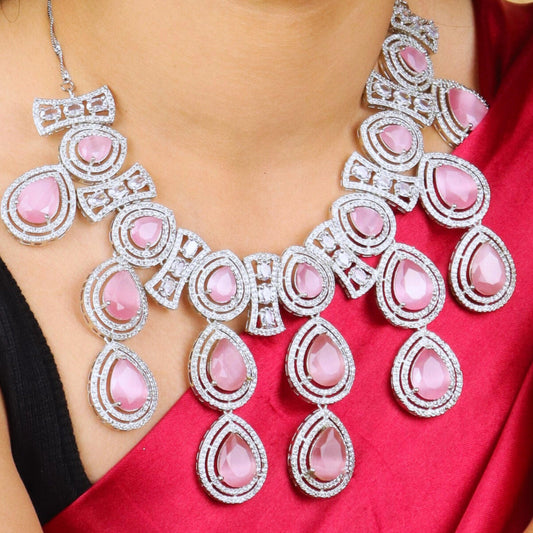 Pastel Pink American Drop Diamond Necklace Set - Rukhmani