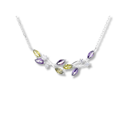 925 Sterling Silver Multicolor Leaf Necklace | Rhodium Plated with Cubic Zirconia