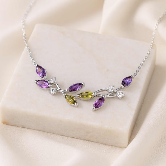 925 Sterling Silver Multicolor Leaf Necklace | Rhodium Plated with Cubic Zirconia