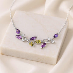 925 Sterling Silver Multicolor Leaf Necklace | Rhodium Plated with Cubic Zirconia