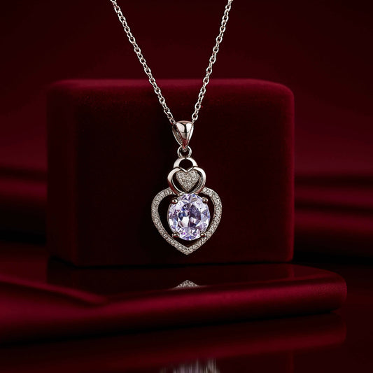 Double Heart Halo Pendant with Transparent Stone in 925 Sterling Silver