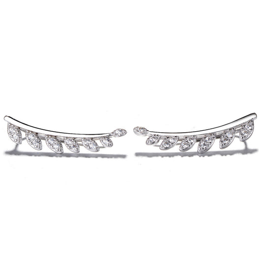 925 Sterling Silver Rhodium Plated Leaf Ear Cuffs with Cubic Zirconia