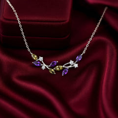 925 Sterling Silver Multicolor Leaf Necklace | Rhodium Plated with Cubic Zirconia