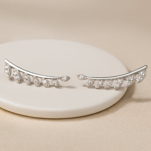925 Sterling Silver Rhodium Plated Leaf Ear Cuffs with Cubic Zirconia