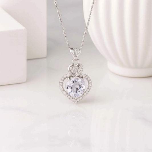 Double Heart Halo Pendant with Transparent Stone in 925 Sterling Silver