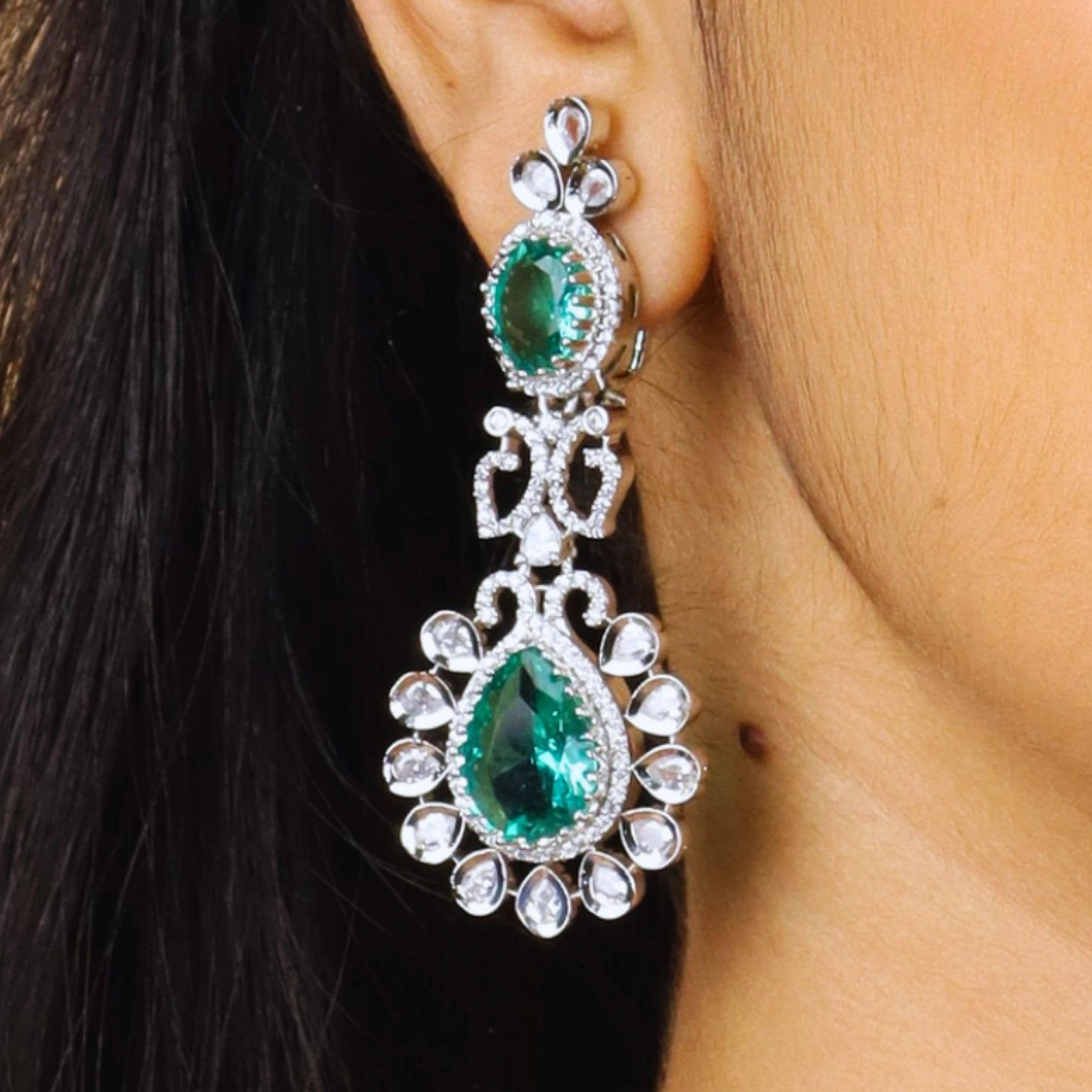 Zambian Emeraled Diamond Necklace Set with Earrings - Rukhmani